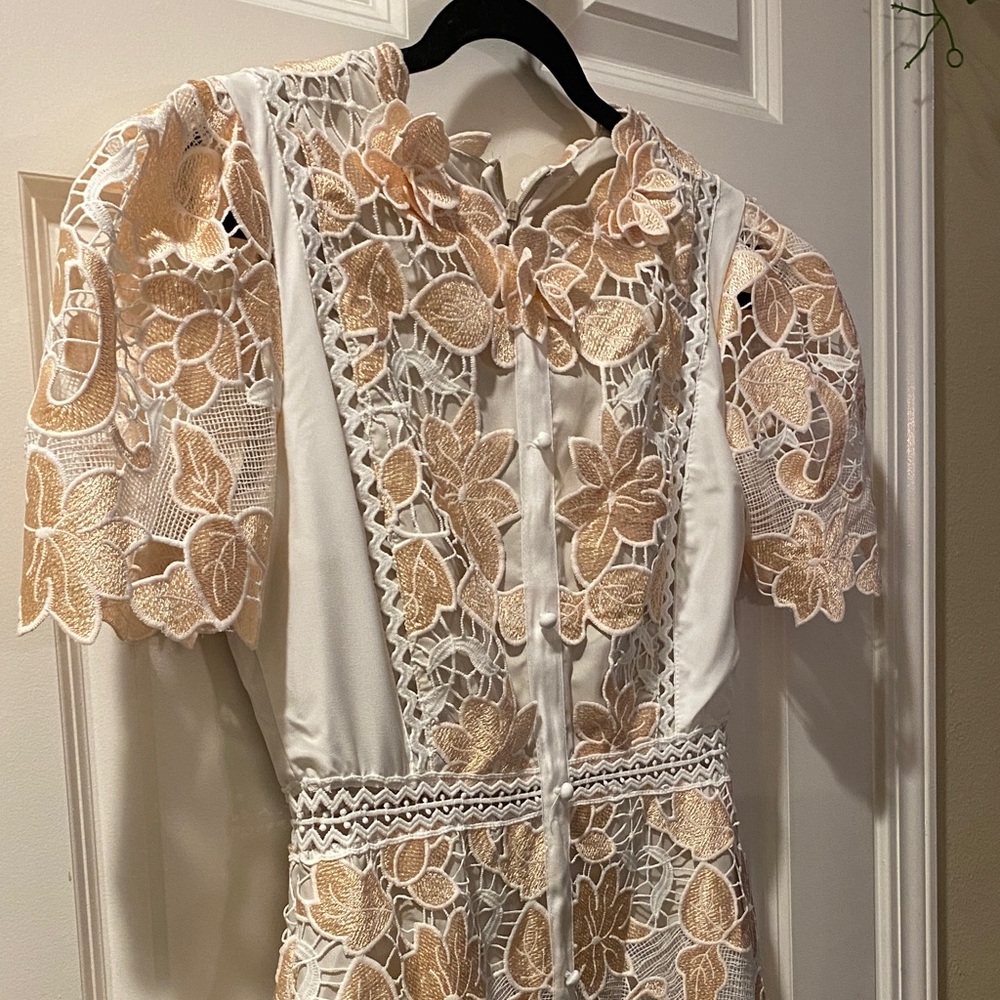 NWT Han Qing Mu Mu Elegant Retro Lace Cutout Ivory & Peach Midi Dress Size 2 - Picture 4 of 15